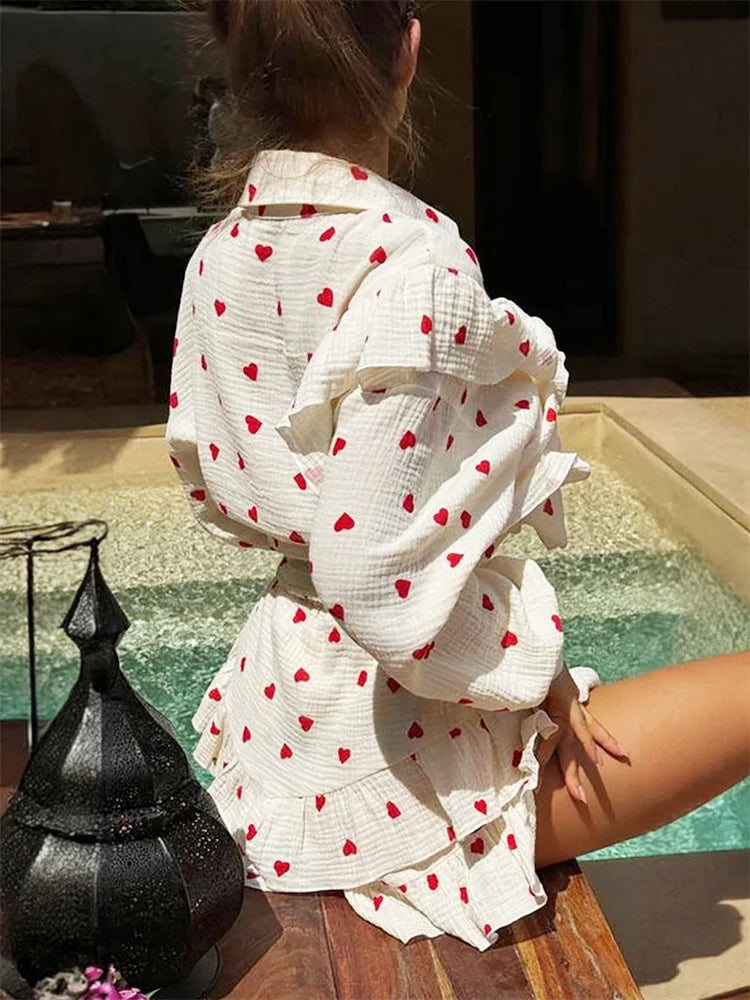 Ruffled Printed Long Sleeve Top and Shorts Sets