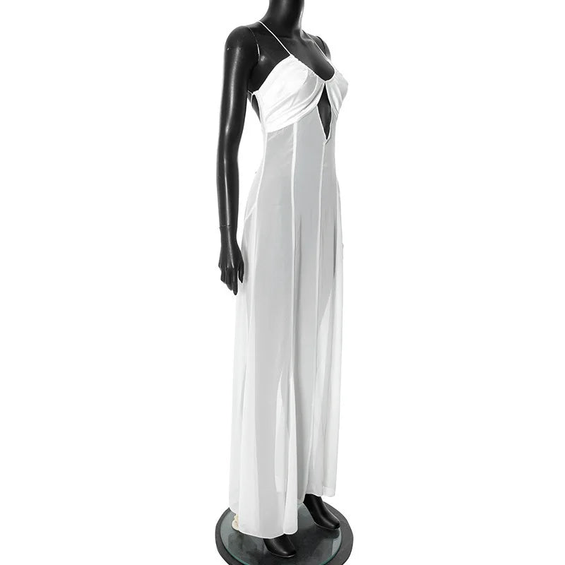 Mesh White Spaghetti Strap Hollow Out Dress