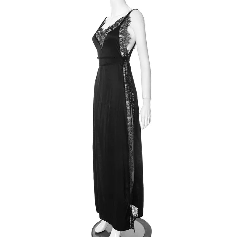 Lace Satin Patchwork High Split Maxi Dress