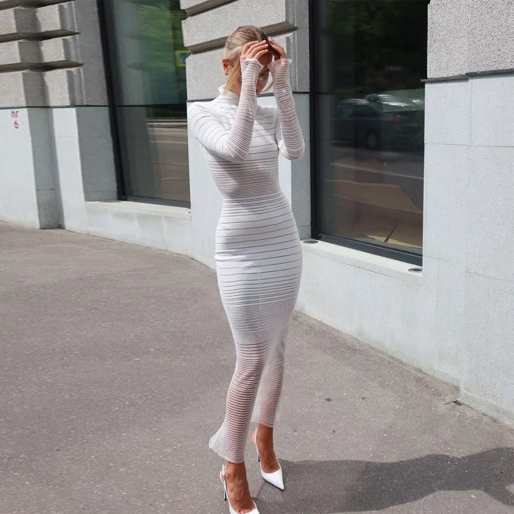 Striped Knitted Half High Collar Dress