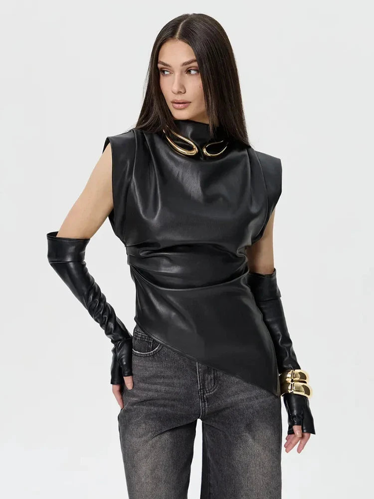Faux Leather Folds Crop Tops With Gloves
