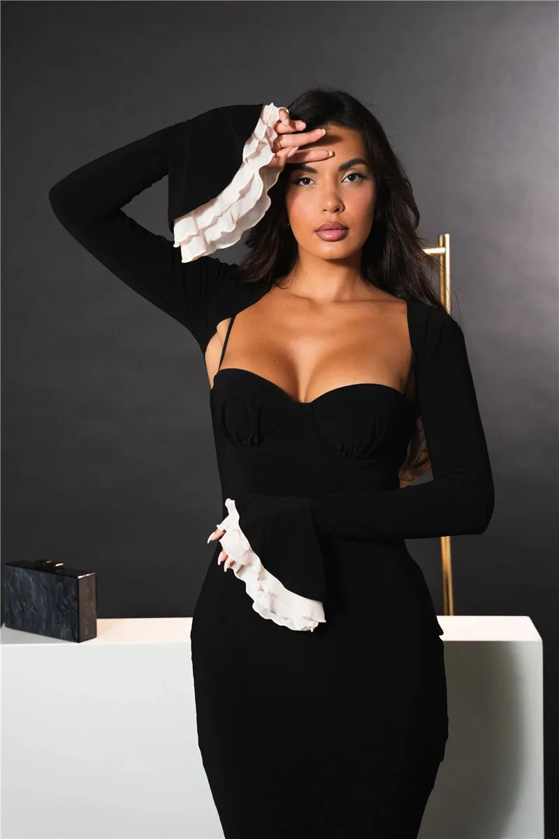 Patchwork Square Collar Evening Fishtail Dress