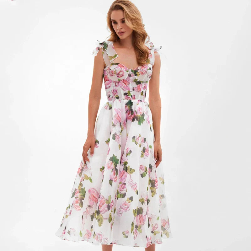 Floral back lace-up suspender dress