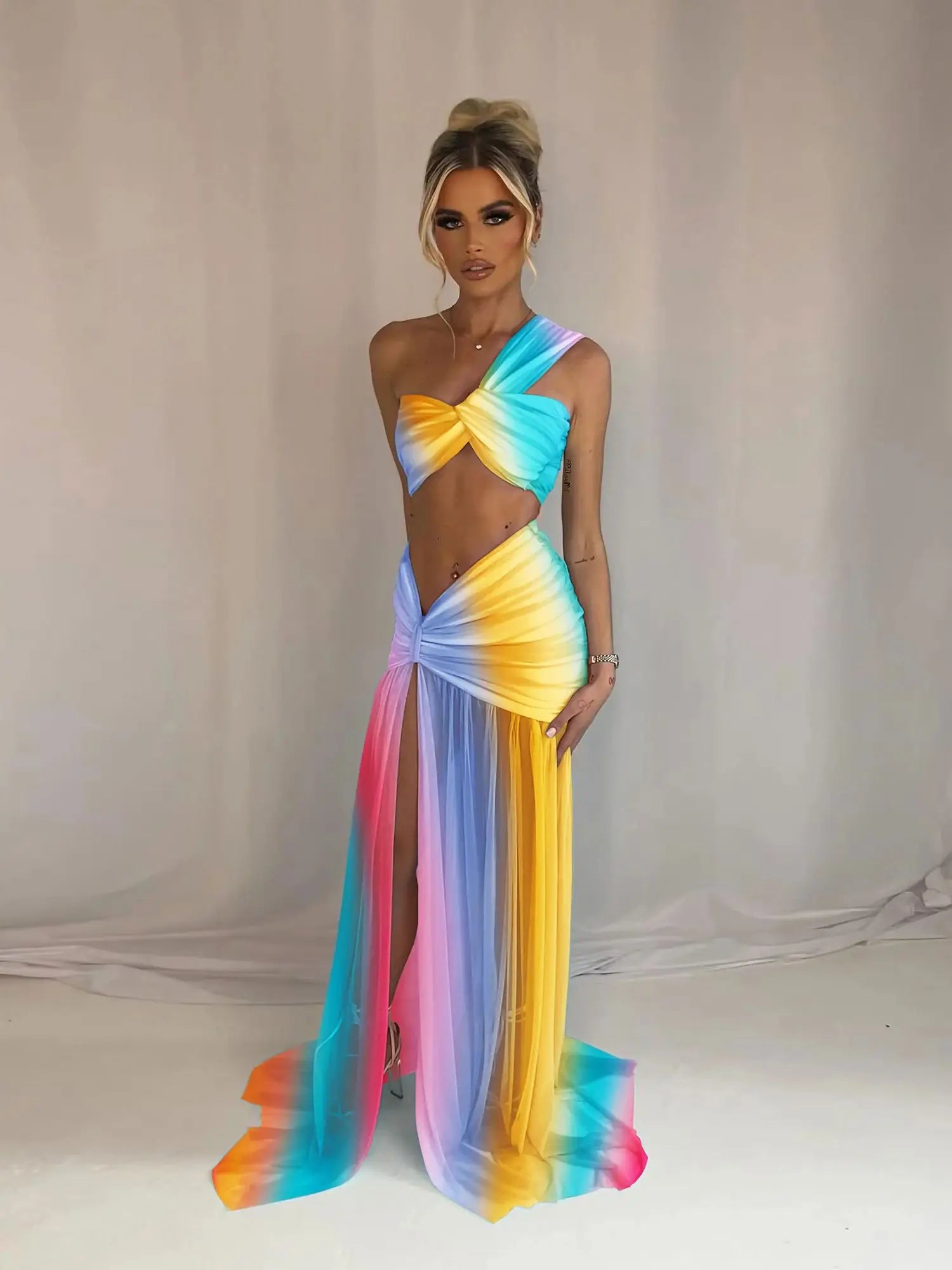 Bandage Top Sweet Waist Slit Long Skirt Suit