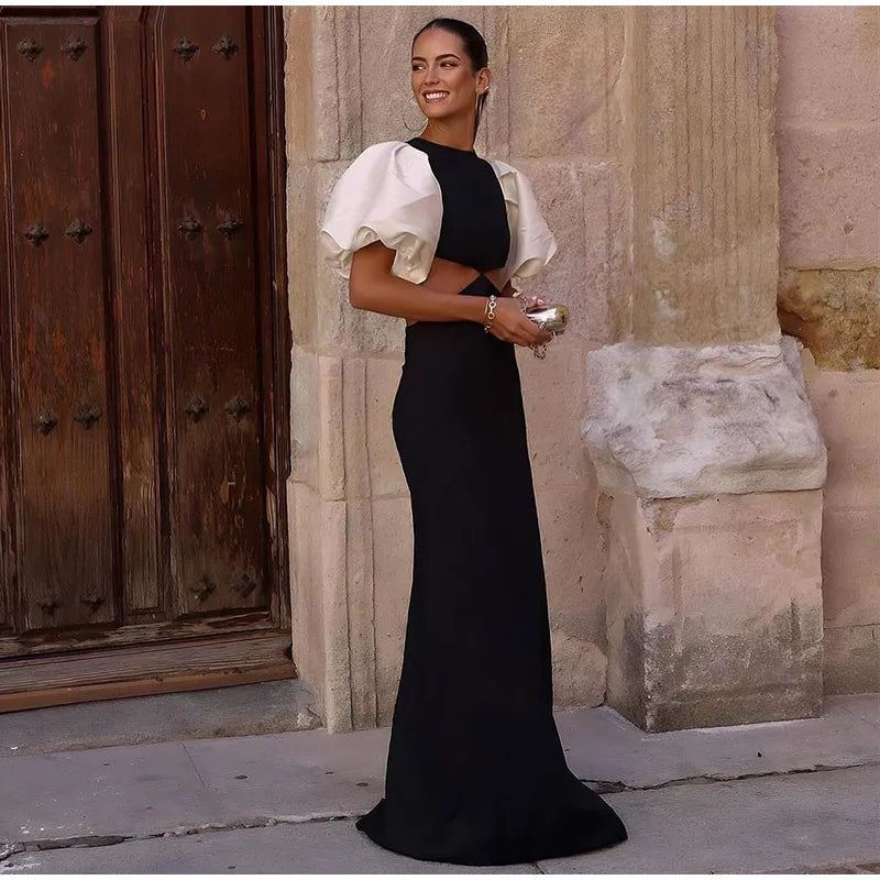 Patchwork Puff Sleeve Hollow Out Long Dress