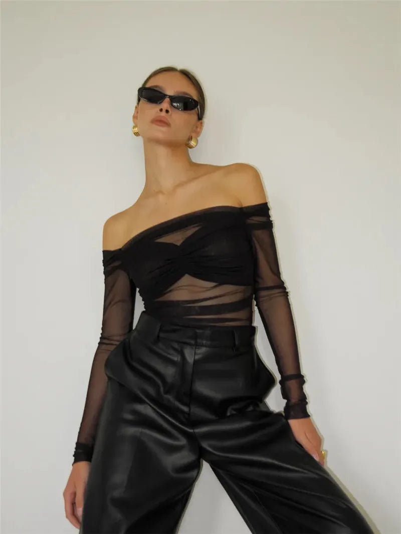 Mesh Off-shoulder Pleated Bust Strapless See Through Top