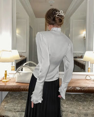 Women's White Ruffled Sleeve Cardigan Patchwork Blouse