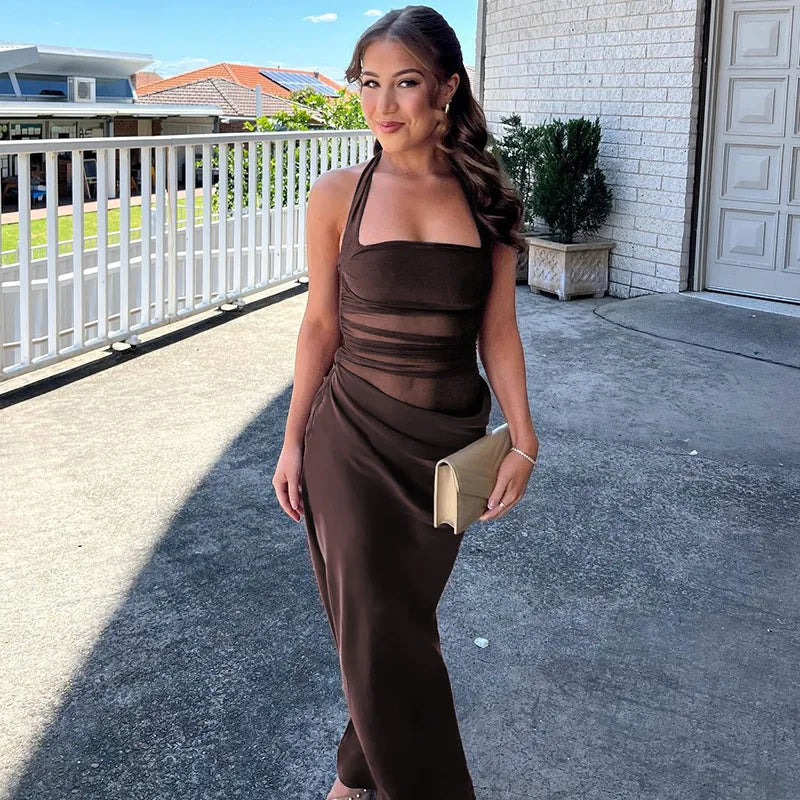 Mesh Patchwork Backless Halter Bodycon Gown