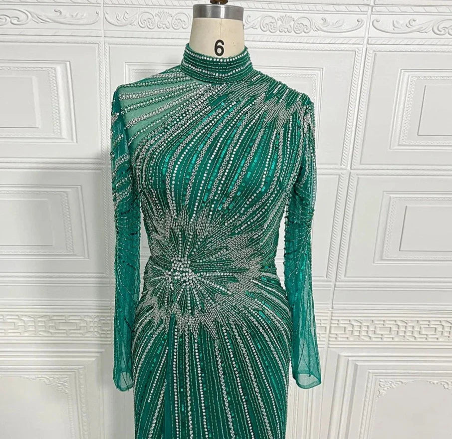 Yellow Mermaid Beading High-Neck Long Sleeves Handmade Gowns