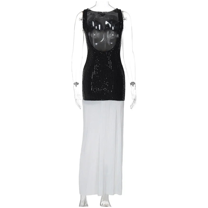 Sequined Patchwork Backless Long Dress