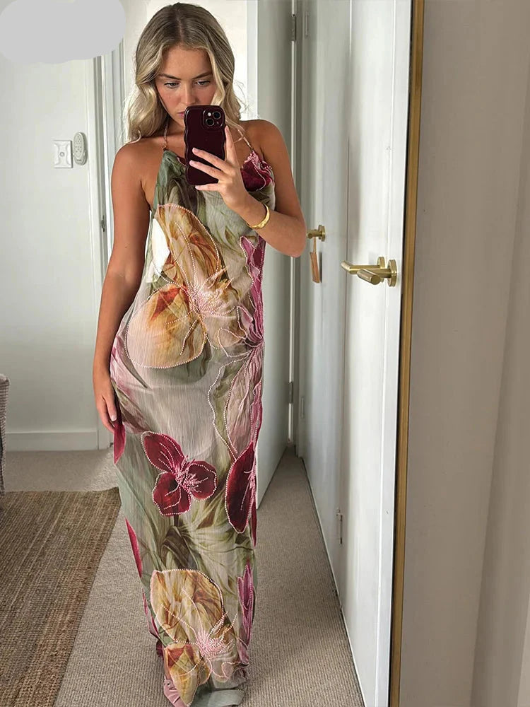 Floral Print Backless Halter Dress with Split for Women