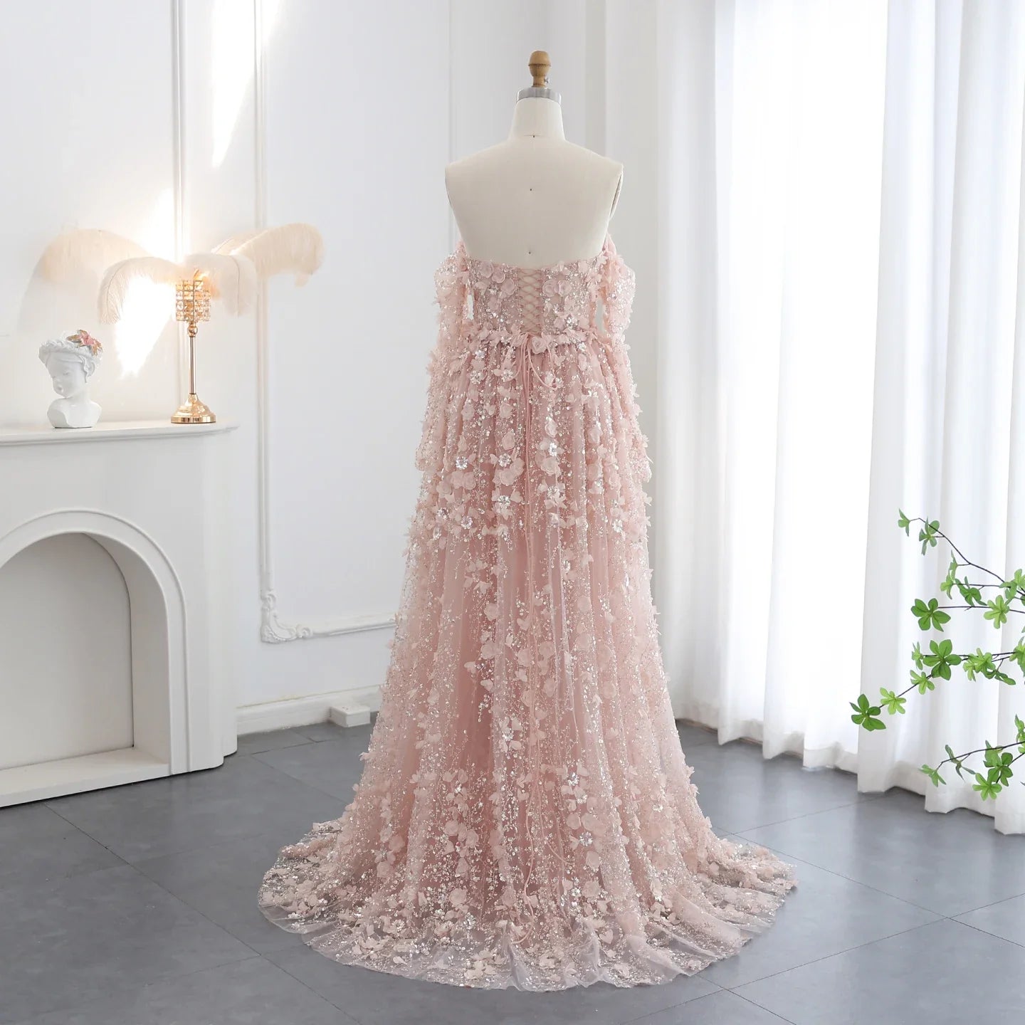 3D Floral Pink Evening Gown with Overskirt