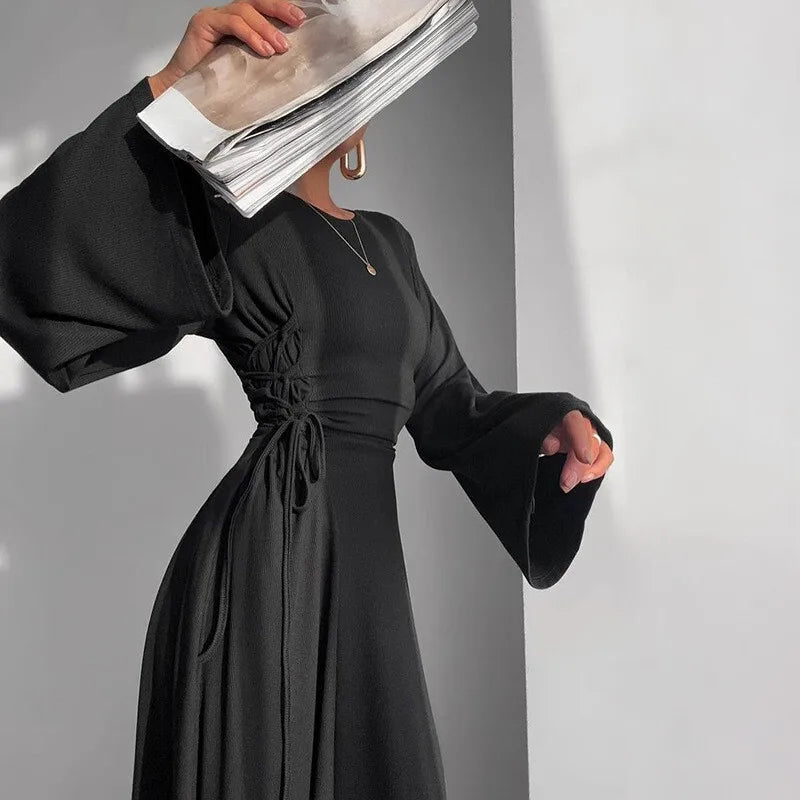 Ribbed Solid Lace-up Long Sleeve Dress