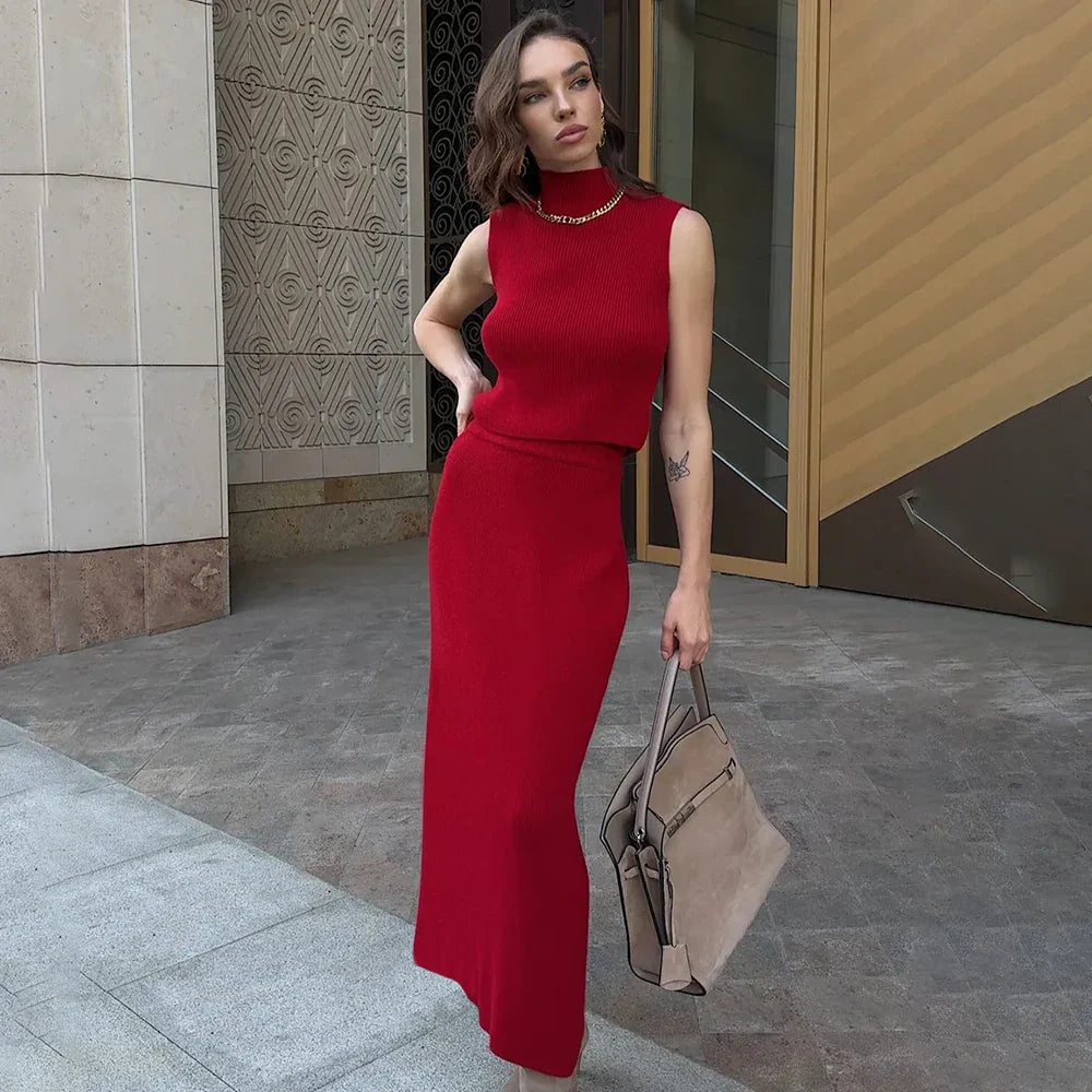 Solid Knit Sleeveless Top Long Skirt Set