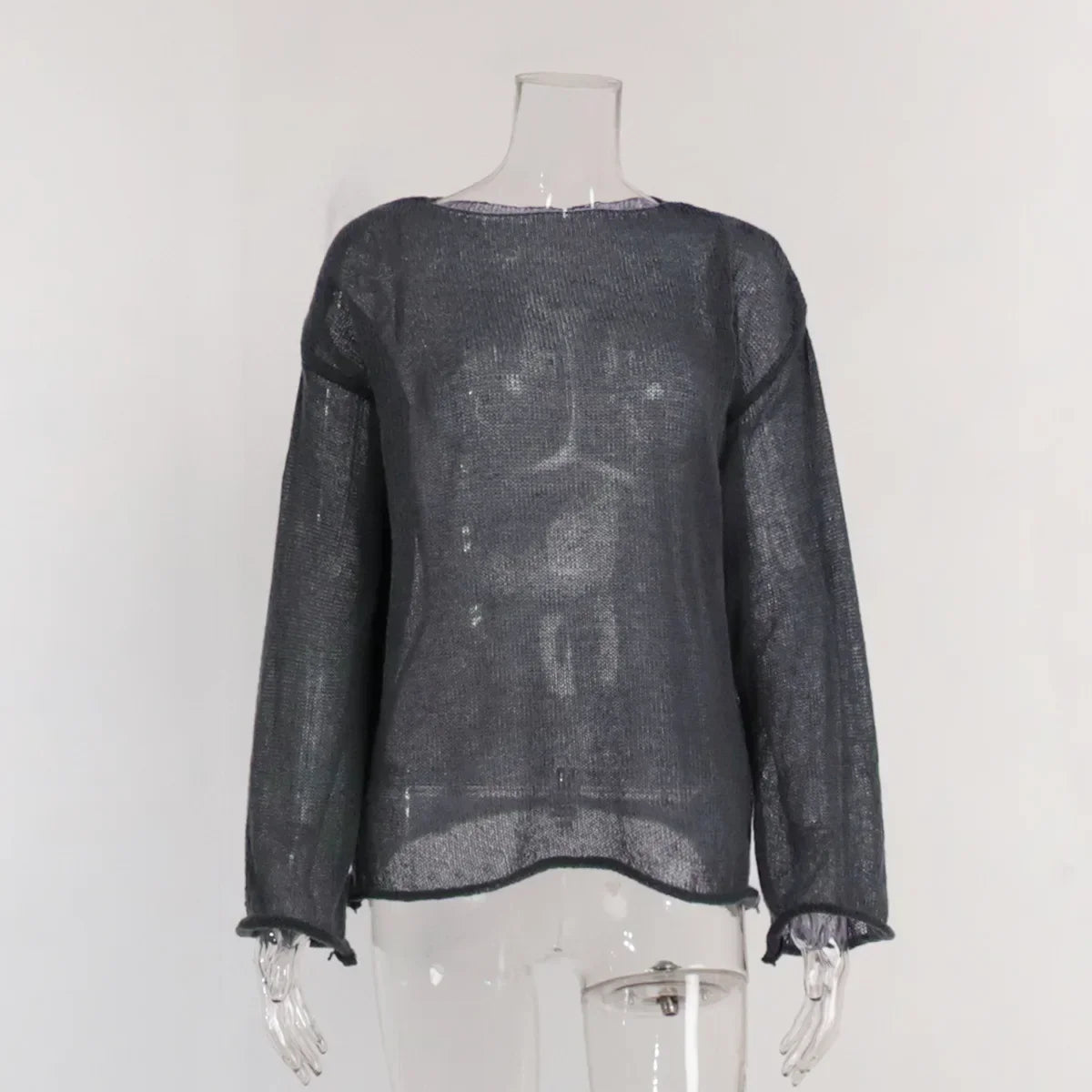Hollow Solid See-through Long Sleeve Knitted Top