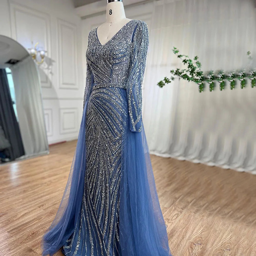 Blue Mermaid Beaded Long Sleeves Evening Gown