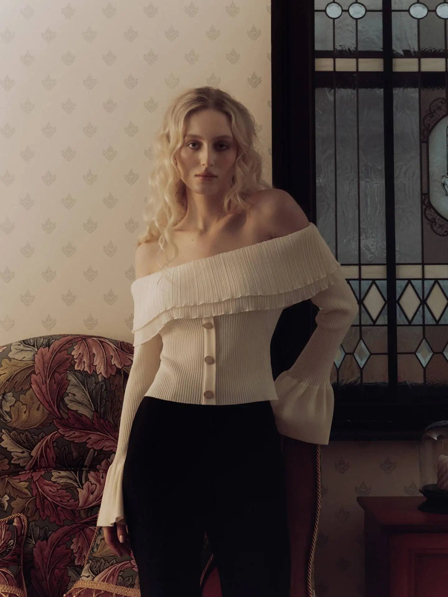 Off-Shoulder Knitted Flare Sleeve Top