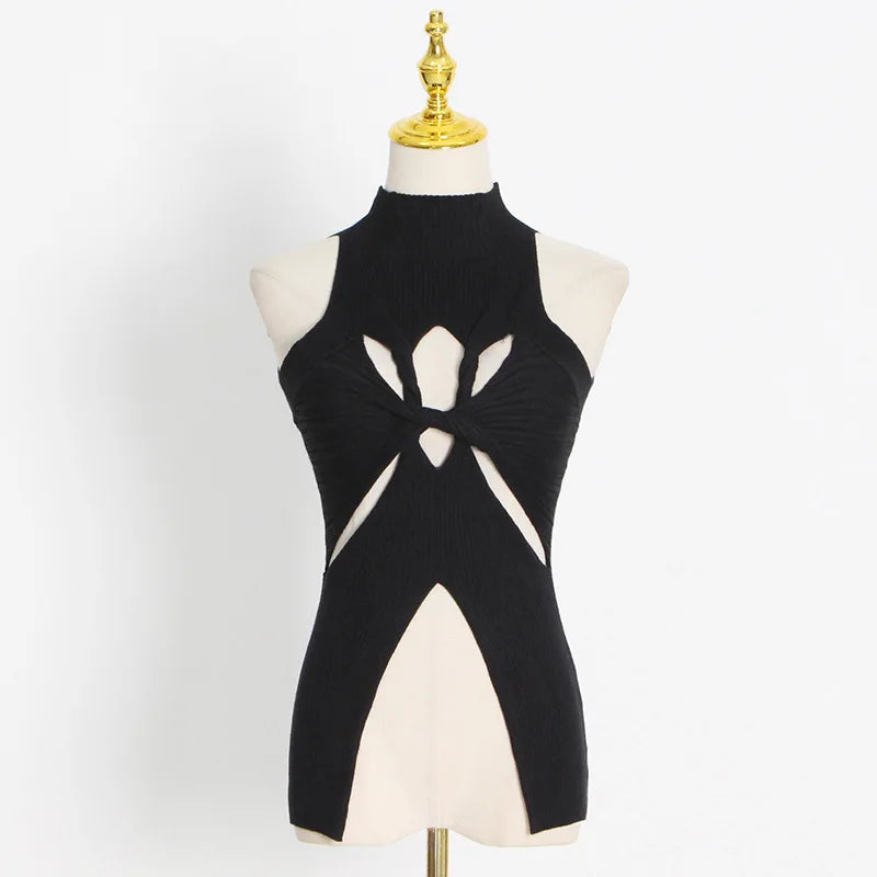 Sleeveless Knitted Solid Cross Hollow Out Top