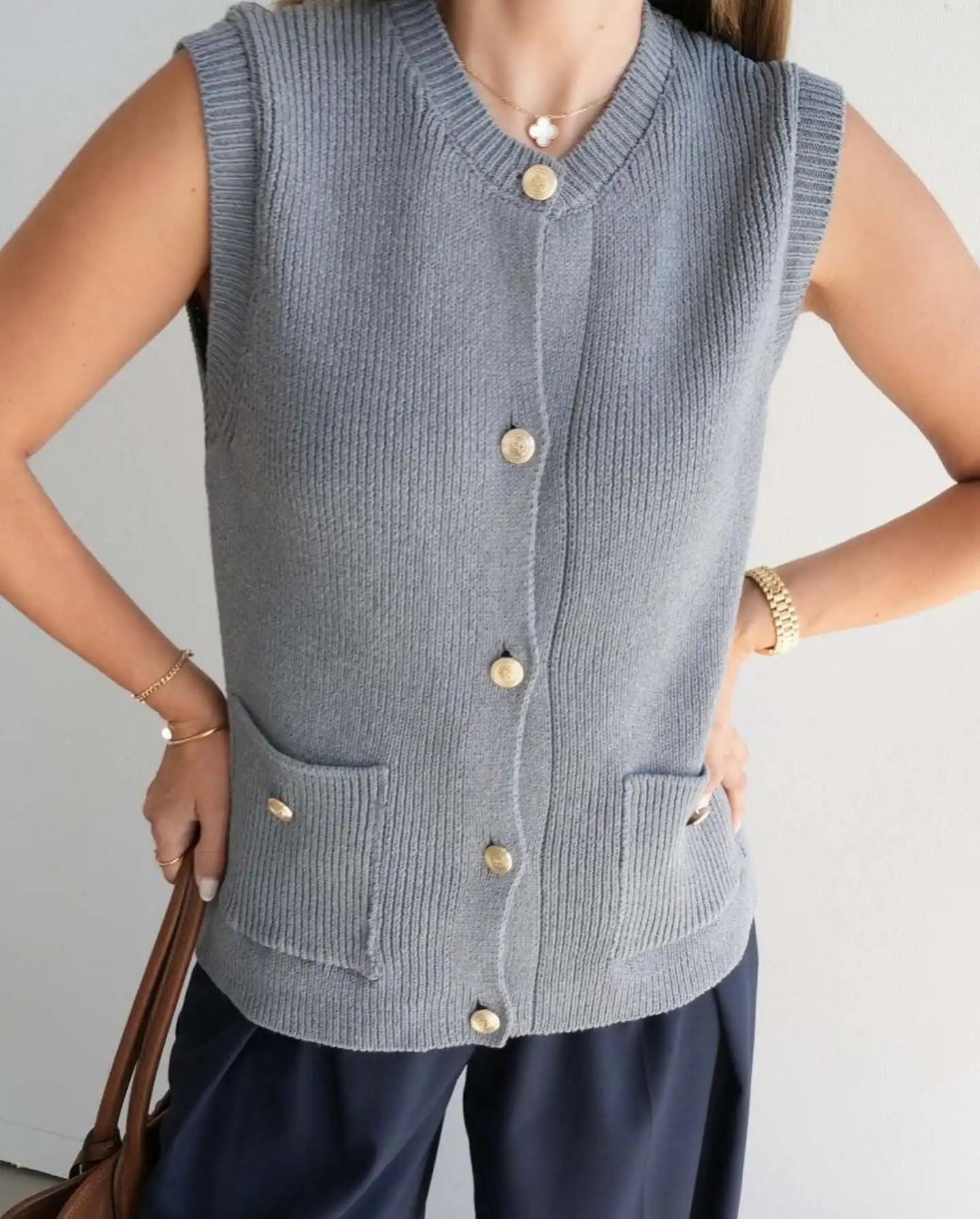 Sleeveless Pocket Solid Knit Cardigan