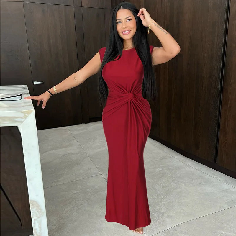 Solid Boat Neck Twist Knot Long Dress