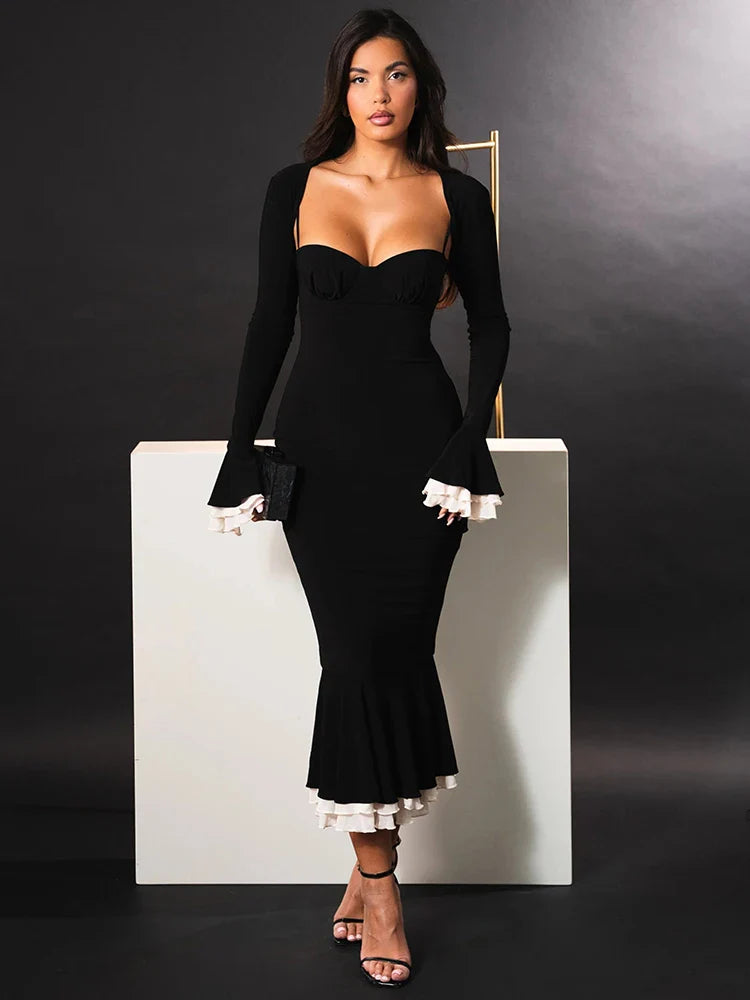 Patchwork Square Collar Evening Fishtail Dress