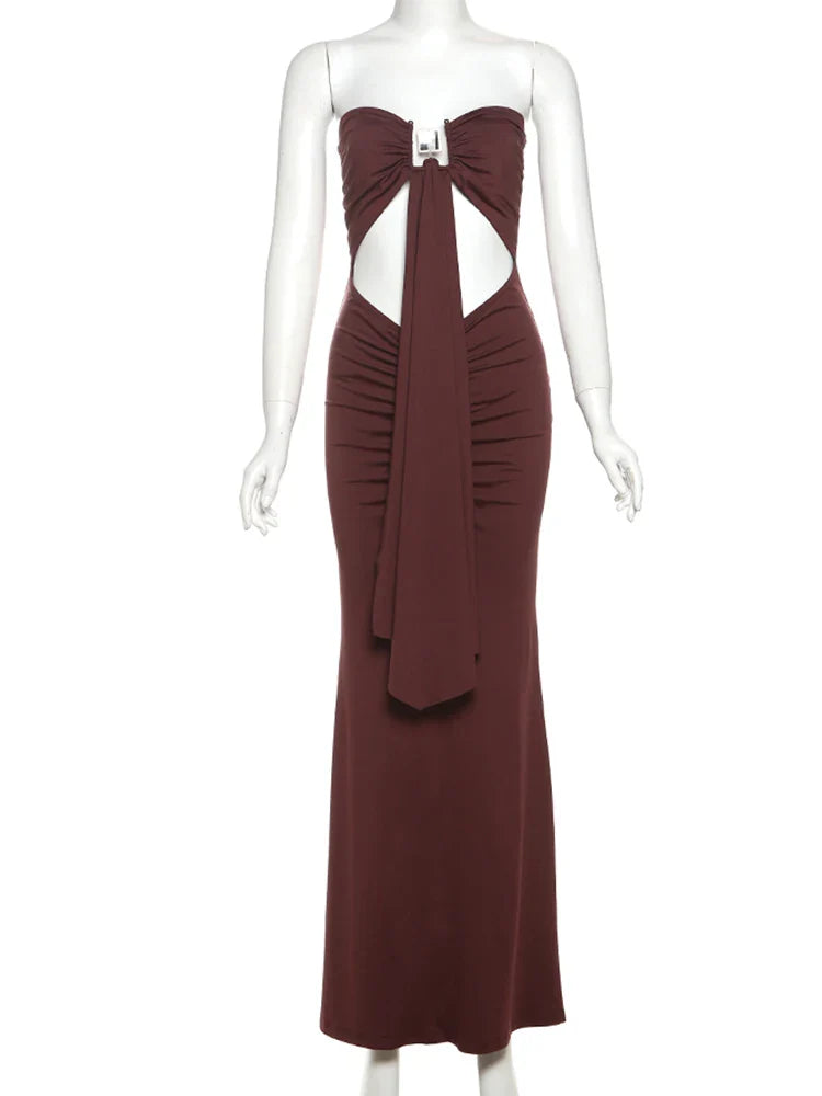 Brown Tube Cut Out Drape Midi Dress