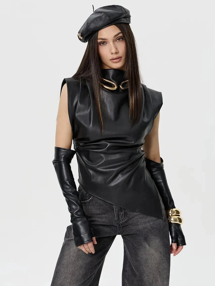 Faux Leather Folds Crop Tops With Gloves