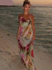 Floral Print Backless Halter Dress with Split for Women