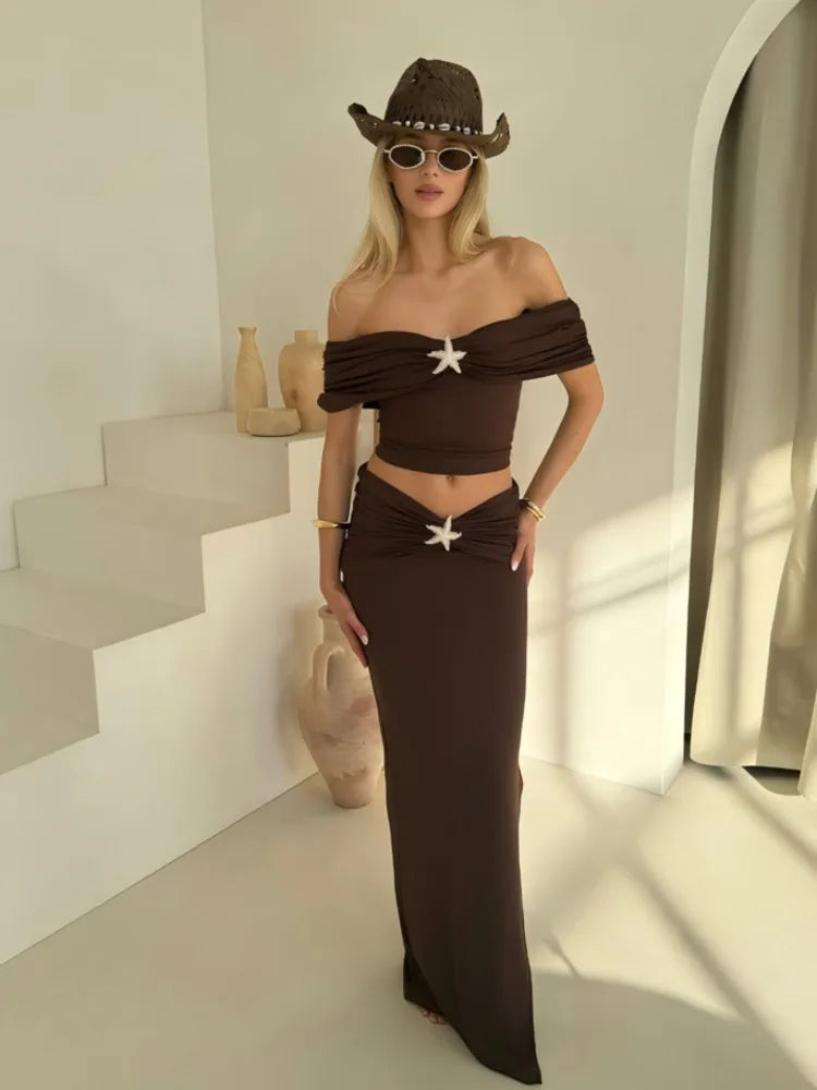 Off-shoulder Tops Thigh Split Long Skirt Two Pieces Sets