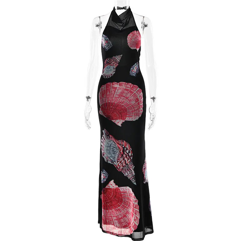 Backless Printed Patchwork Beach Holiday Long Dress
