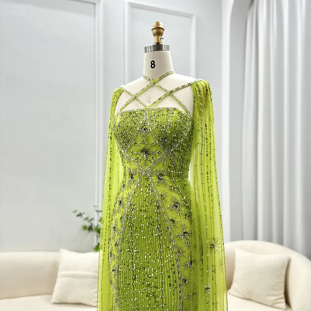Aqua Mermaid Evening Gown with Cape Sleeves