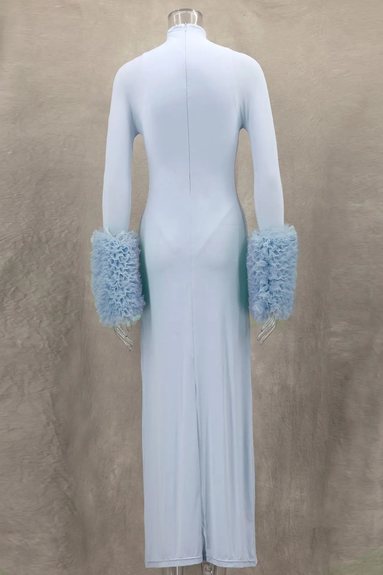 Ruffle Pleated Sleeve Blue Long Dress for Women