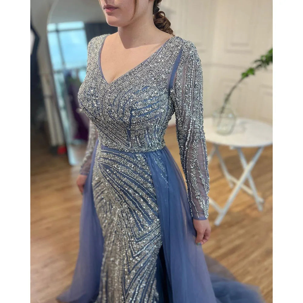 Blue Mermaid Beaded Long Sleeves Evening Gown