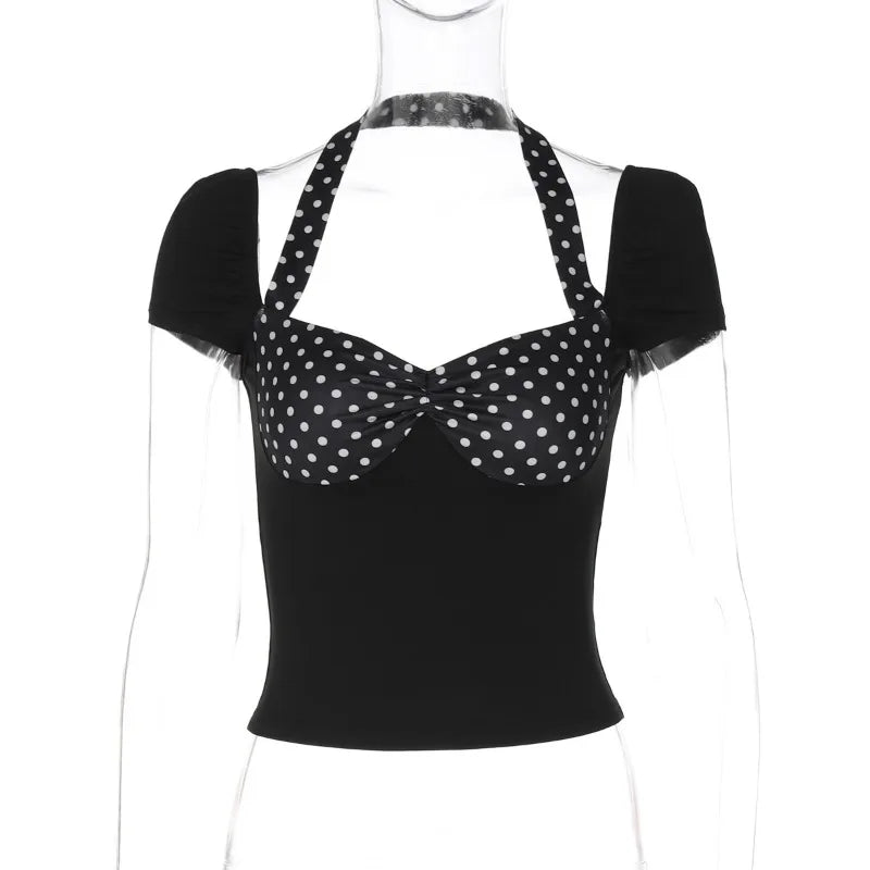 Polka Dot Splicing Black Halter Short Sleeve Crop Top