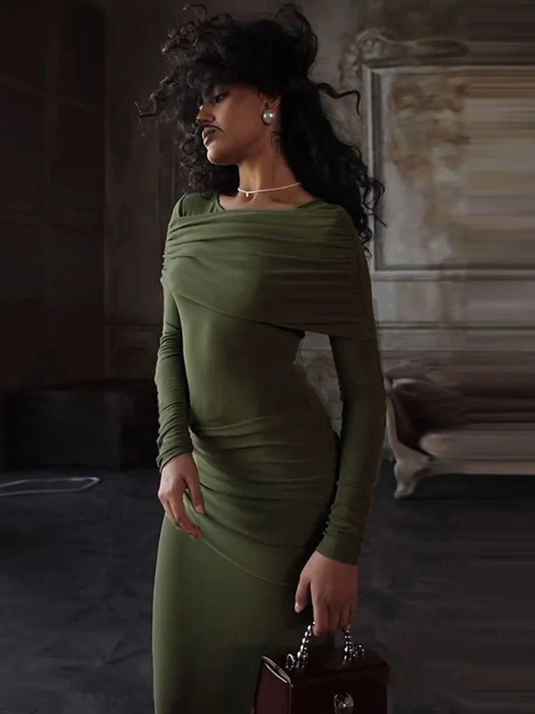 Solid Long Sleeve Irregular Splice Long Dress
