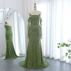 Green Mermaid Evening Gown with Gloves