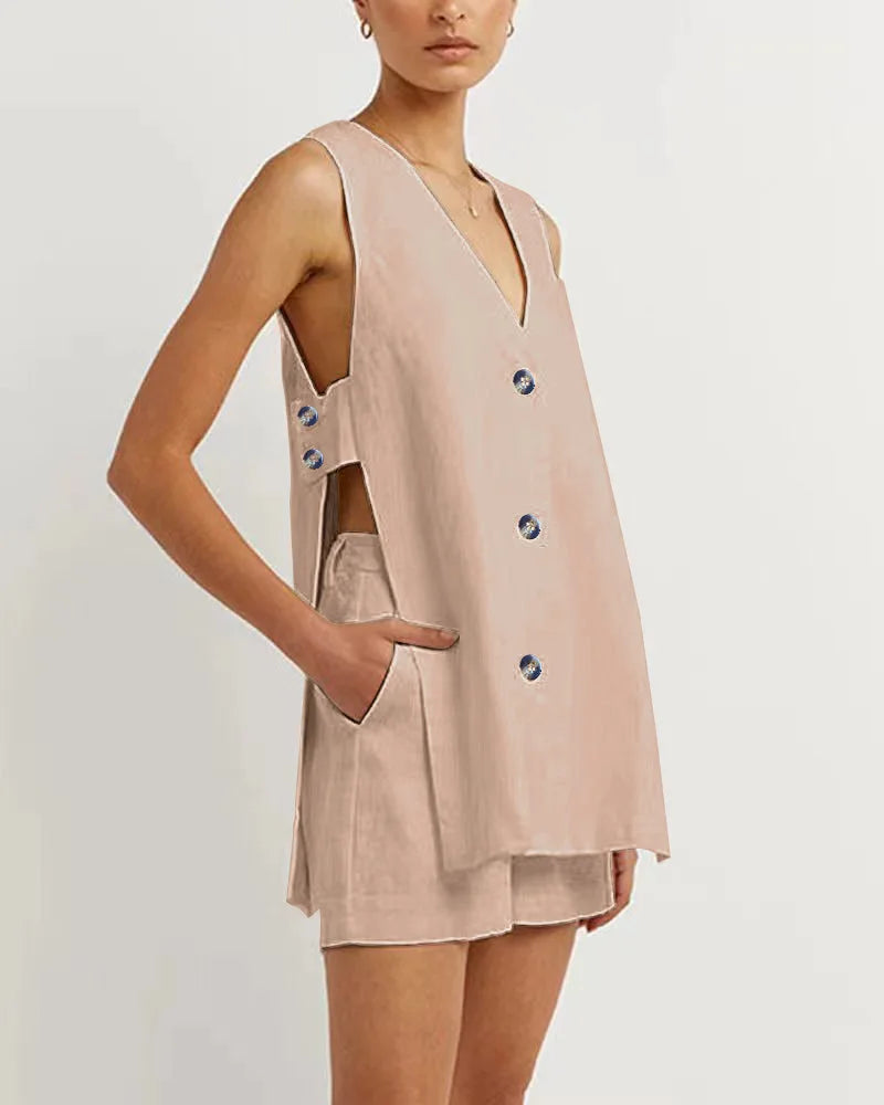 Hollow Button Long Top Elastic Waist Shorts Suit