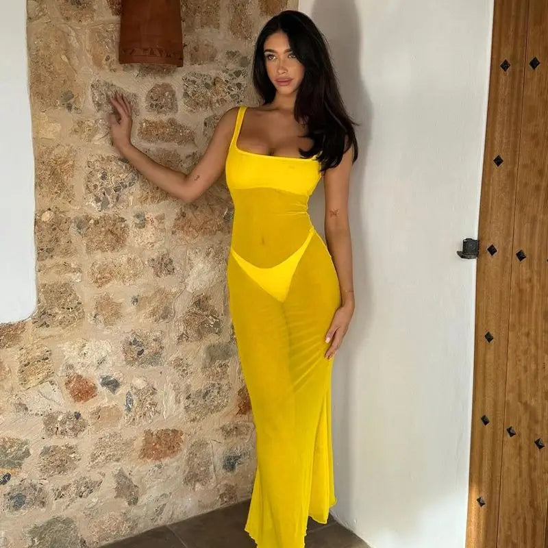 Mesh Square Neck Open Back Solid Long Dress