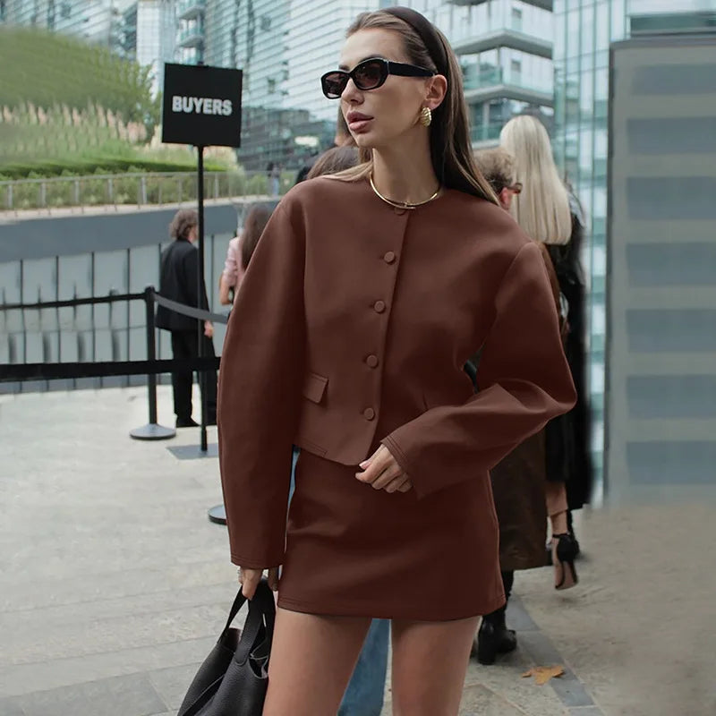 Round Neck Long Sleeve Jacket Mini Skirt Suit