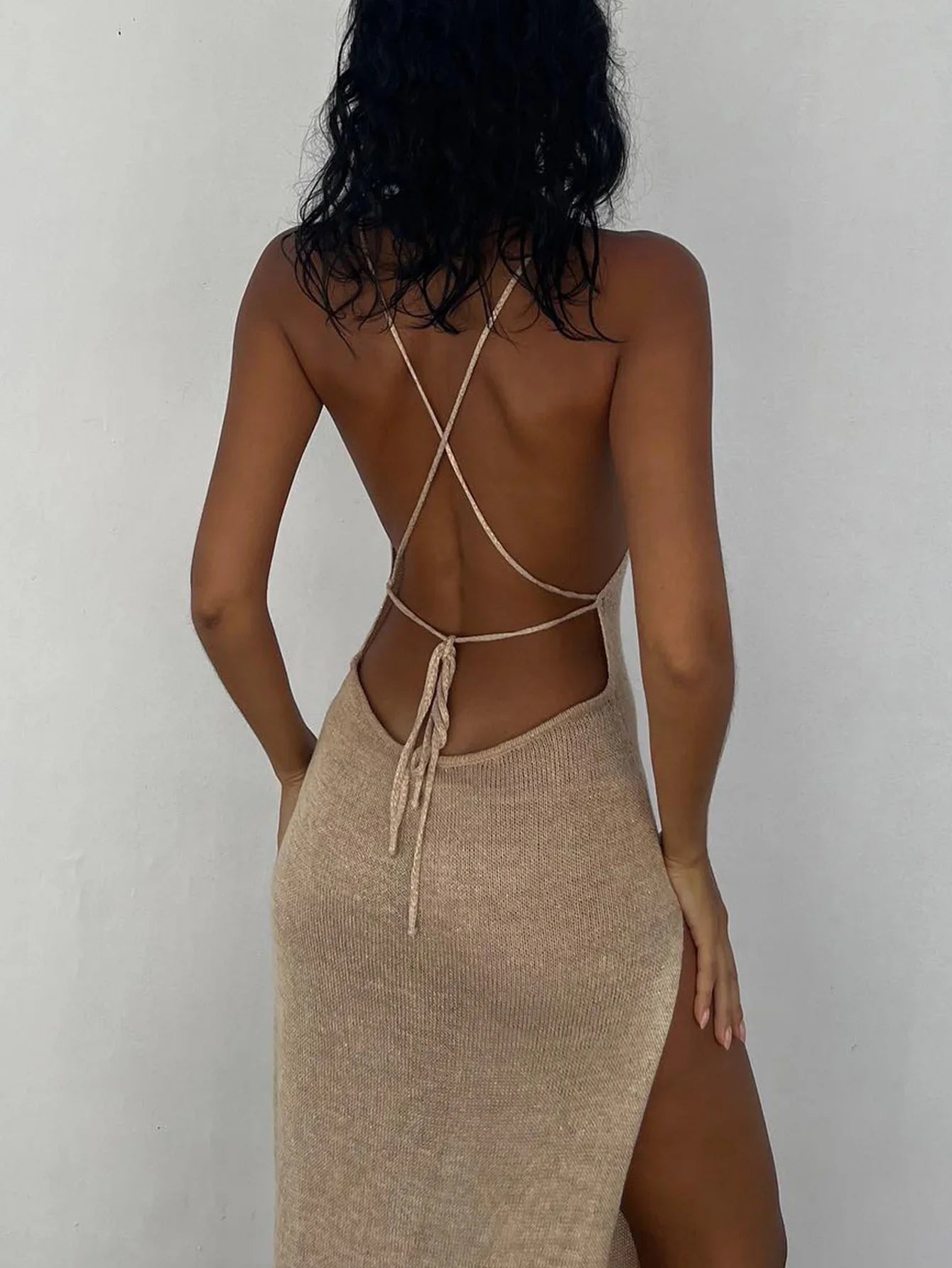 Backless Lace-up Split Bodycon Knit Beach Cover-Ups