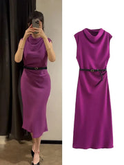 Solid Sleeveless Belted Midi Dress