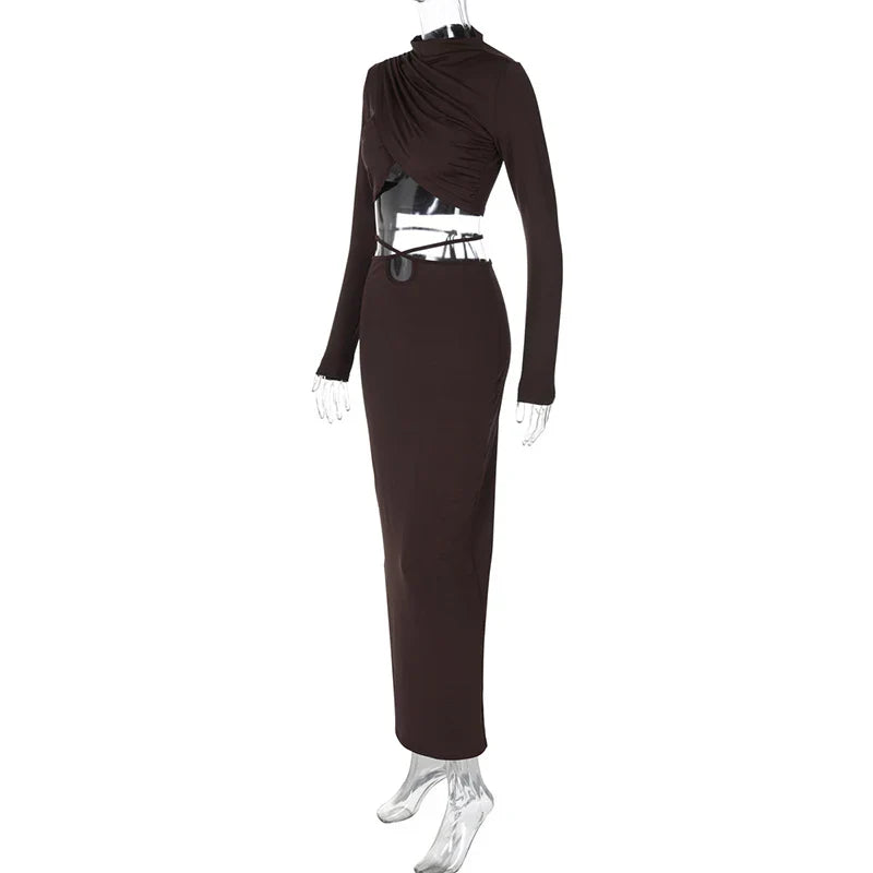Long Sleeve Lace-up Crop Top And Long Skirt Suit