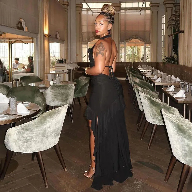 Black Deep Neck Open Back  Ruffled Maxi Dress