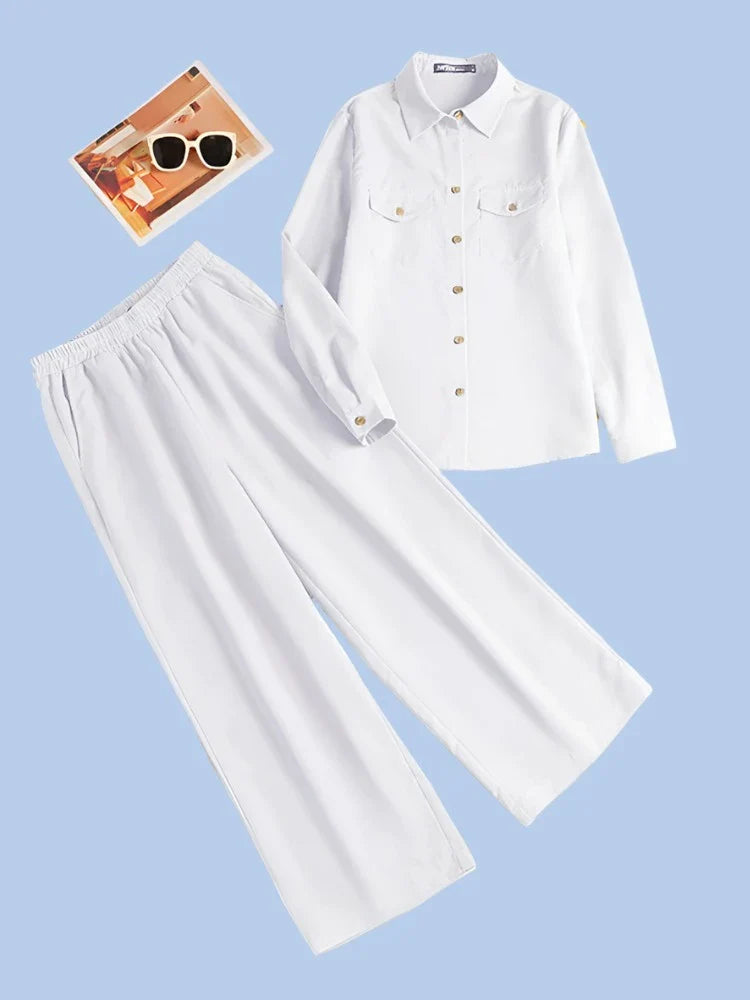 Lapel Neck Long Sleeve Shirt Solid Trousers Suits