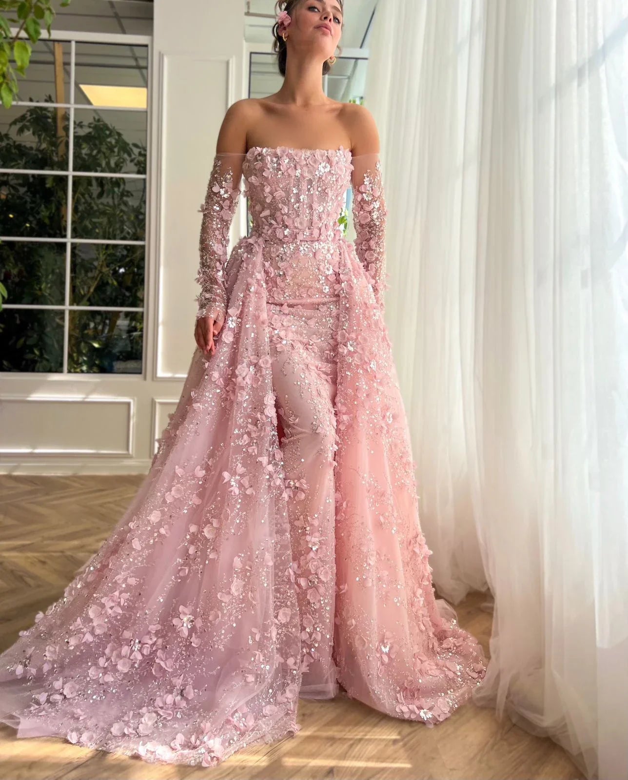 3D Floral Pink Evening Gown with Overskirt