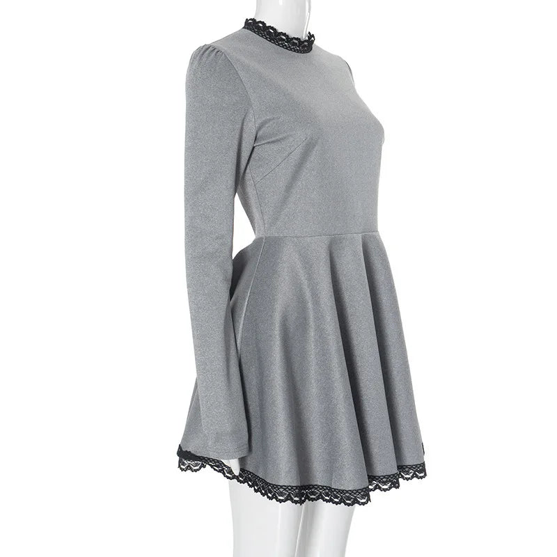 Patchwork Gray Long Sleeve A-line Mini Dress