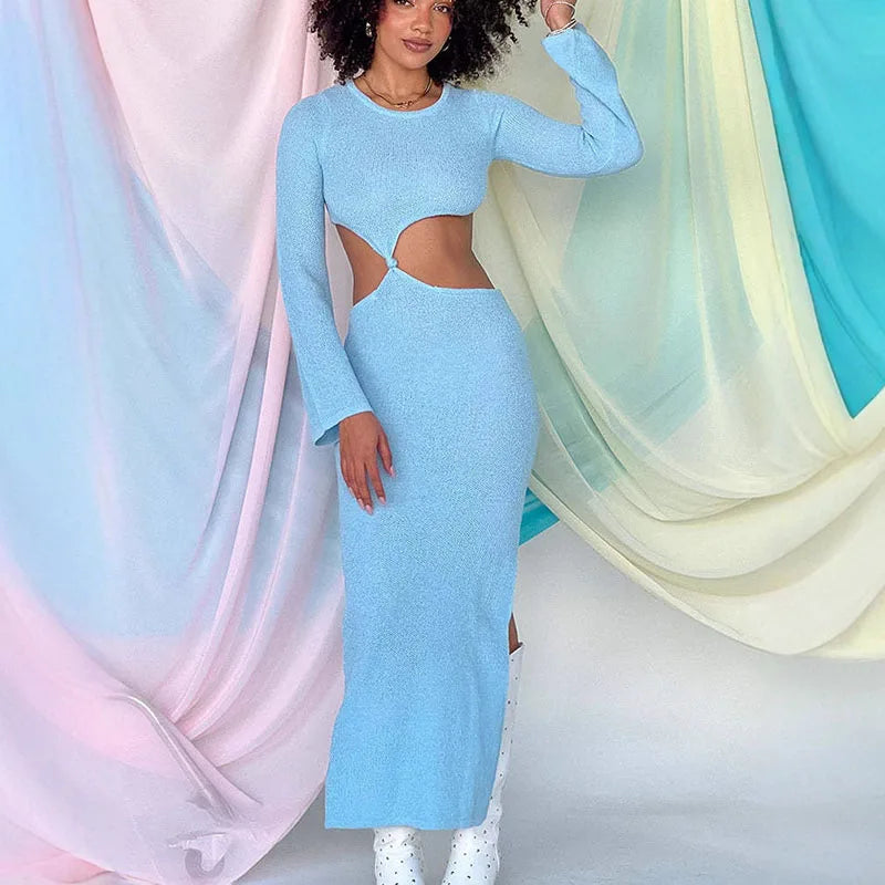 Knitted Hollow Out Solid O-neck Slit Maxi Dress