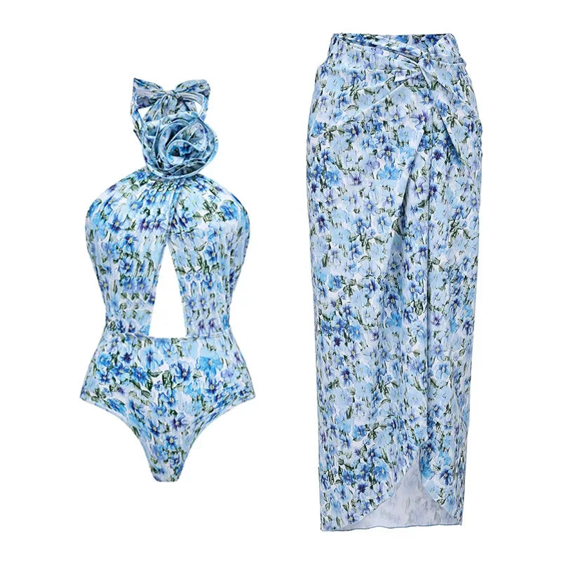 One Piece Swimsuit Floral Ruffle Printed Push-Up Bikini Set