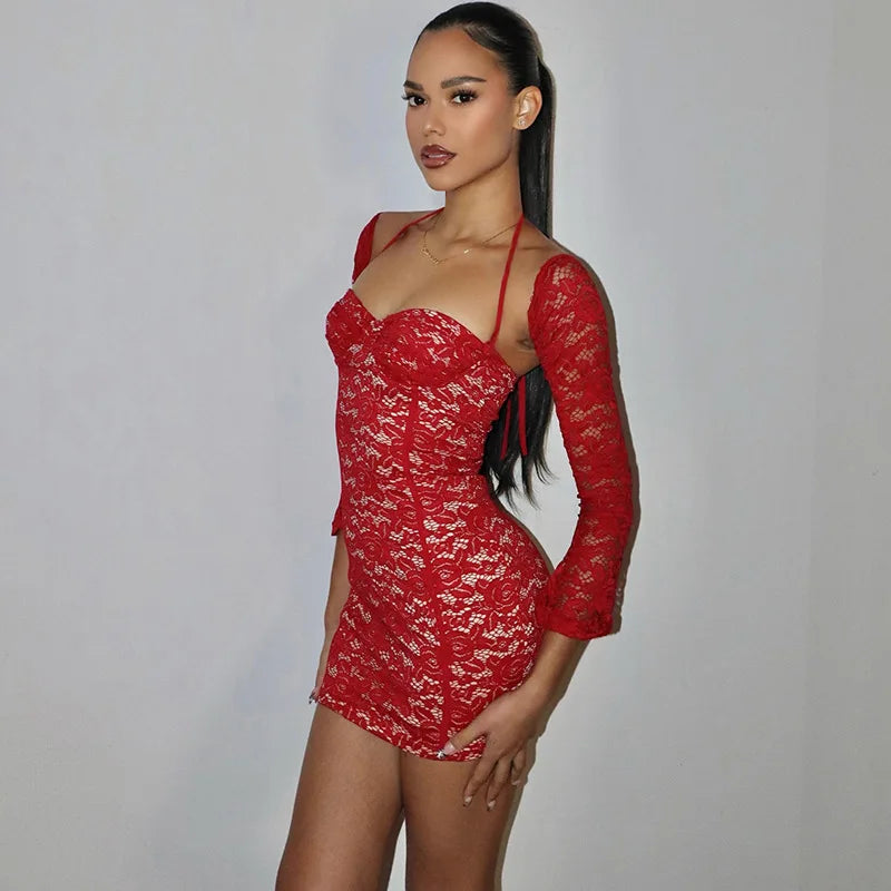 Red Lace Off-shoulder Bodycon Mini Dress