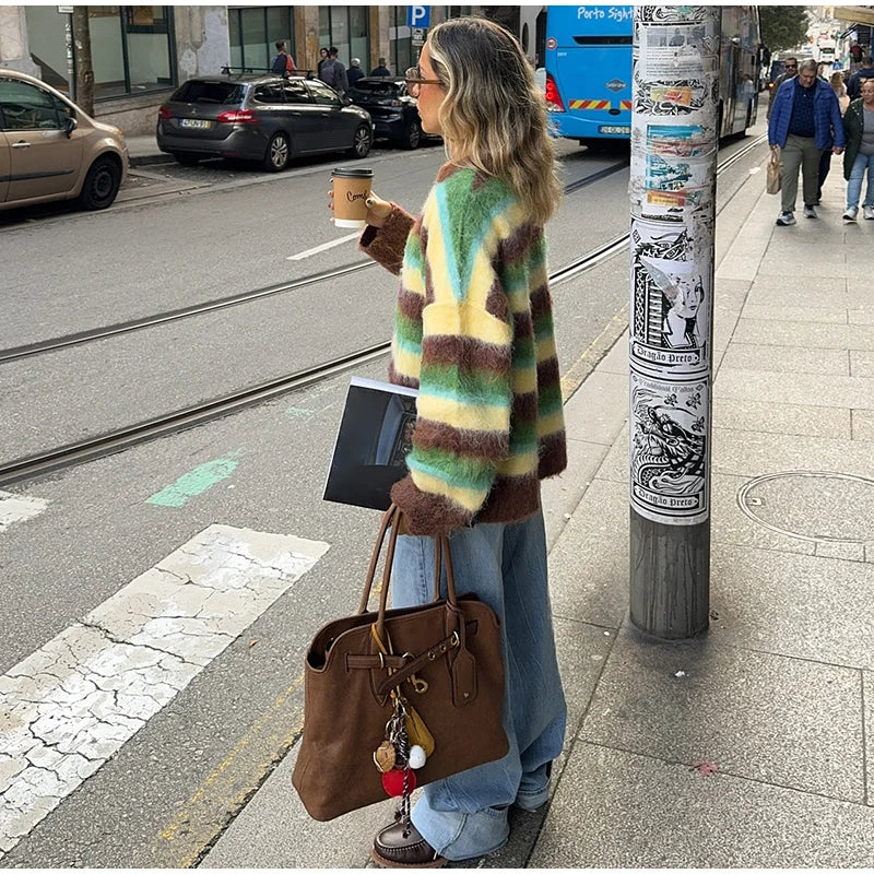 Mohair Striped Long Sleeve Contrast Sweater